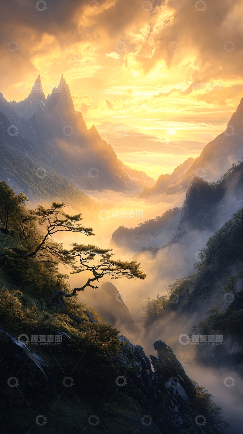 高清大图下载【趣麦麦图】晨雾中的山峰与松树