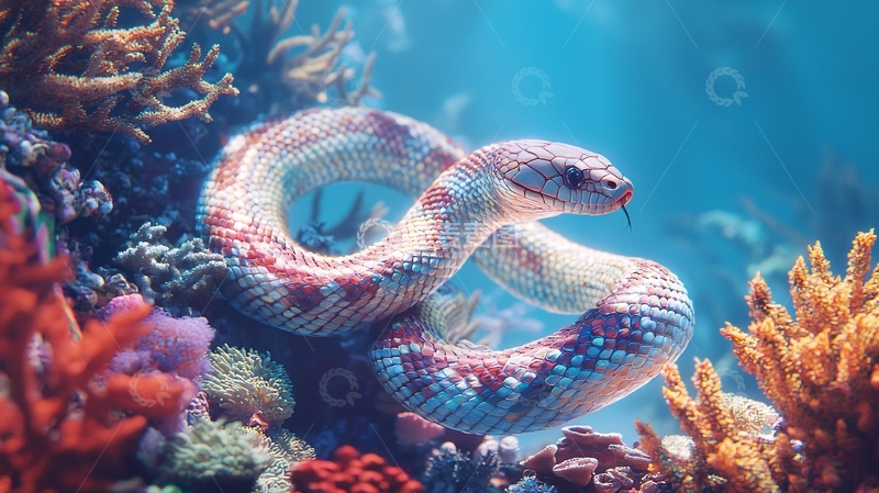 高清大图下载【趣麦麦图】水下珊瑚礁中的彩色蛇