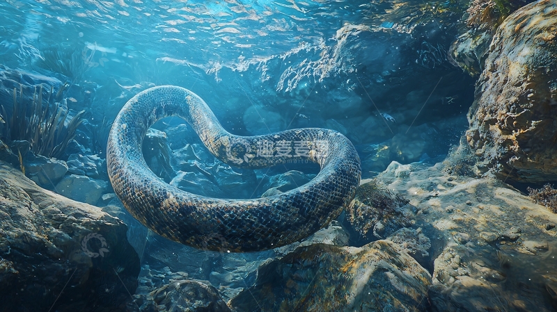 高清大图下载【趣麦麦图】水下巨蟒游动场景