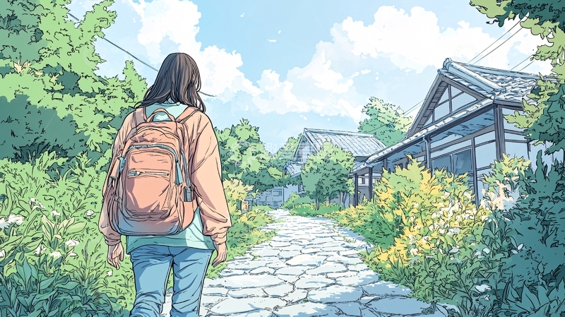 高清大图下载【趣麦麦图】乡村小路上的背包女孩