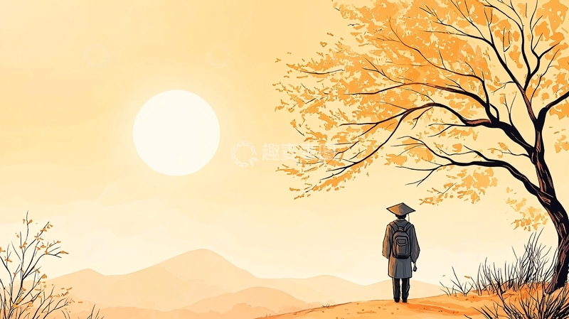高清大图下载【趣麦麦图】秋日黄昏下的孤独旅人