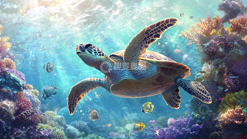 高清大图下载【趣麦麦图】海龟与珊瑚礁下的热带鱼