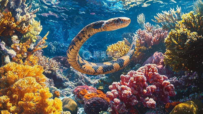 高清大图下载【趣麦麦图】海底蛇与珊瑚礁