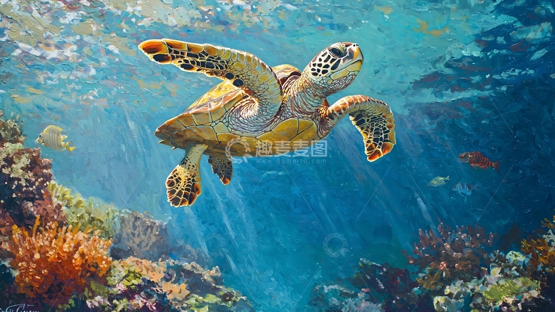 高清大图下载【趣麦麦图】海龟与珊瑚礁下的海洋世界