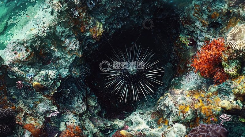 高清大图下载【趣麦麦图】海底珊瑚礁与海胆洞
