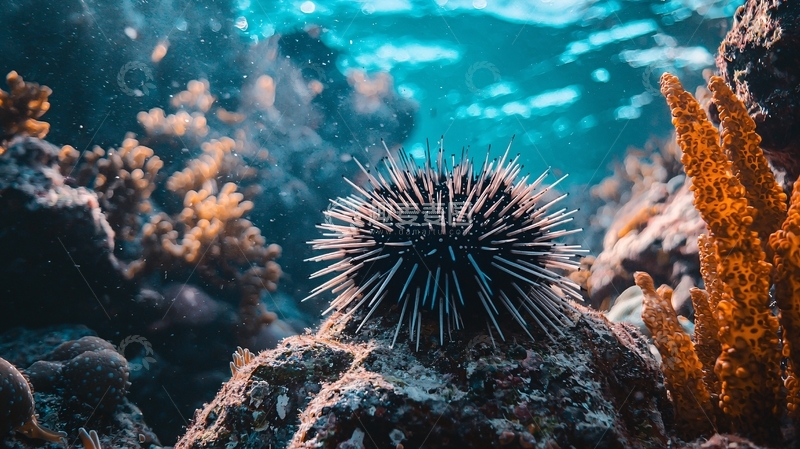 高清大图下载【趣麦麦图】海底海胆与珊瑚礁