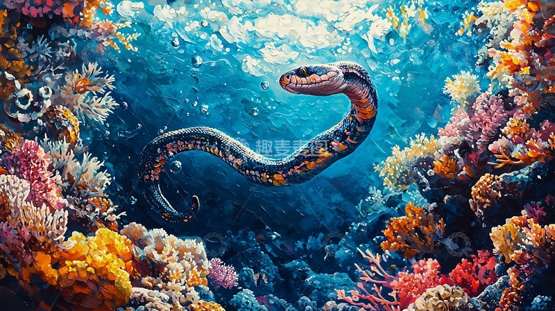 高清大图下载【趣麦麦图】海底蛇与珊瑚礁