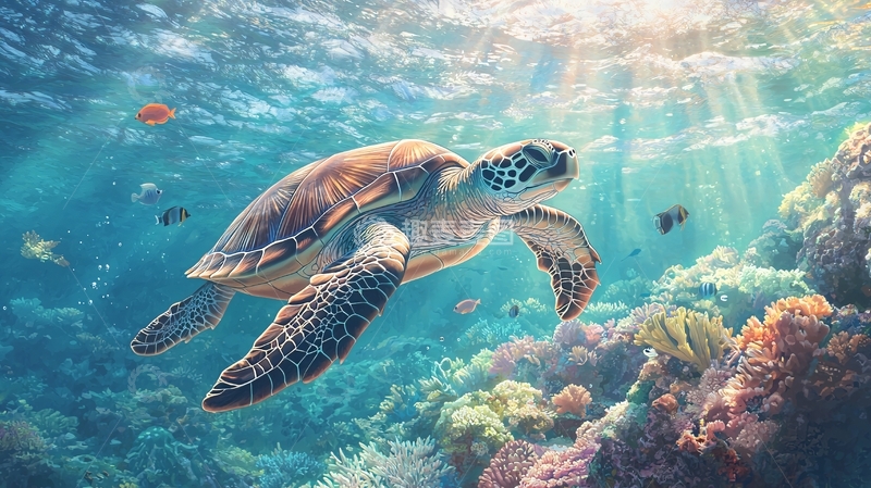 高清大图下载【趣麦麦图】海龟与珊瑚礁下的海洋世界