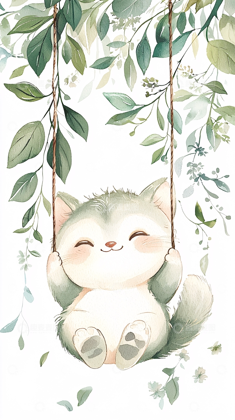高清大图下载【趣麦麦图】萌猫荡秋千插画背景图