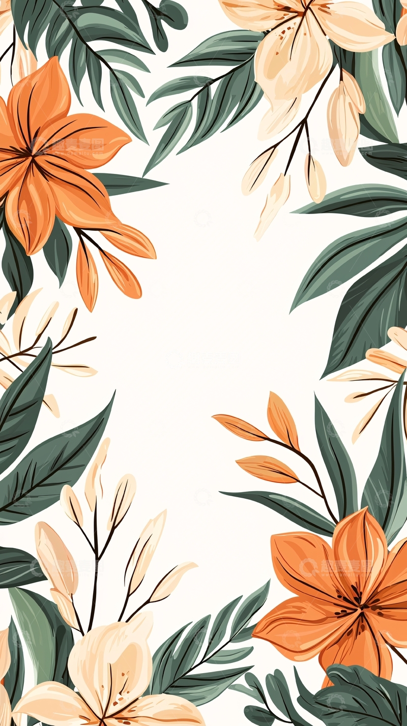高清大图下载【趣麦麦图】橙色百合花与绿叶背景图案