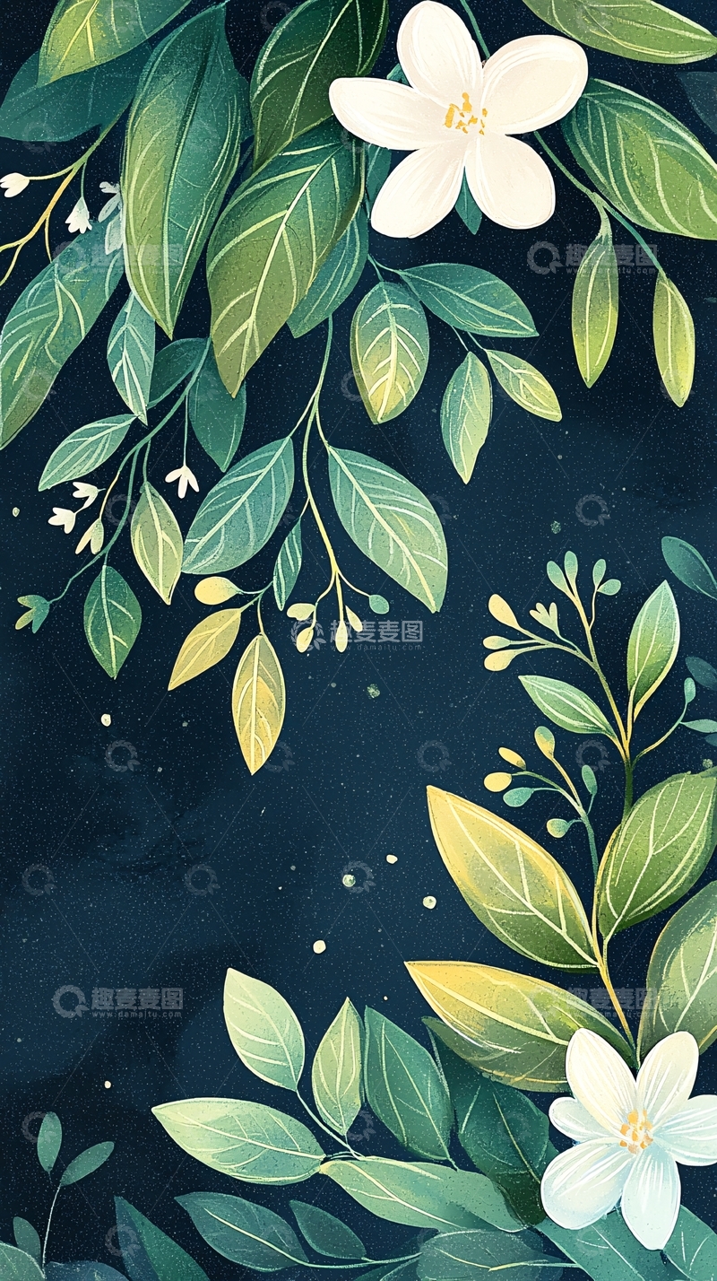 高清大图下载【趣麦麦图】夜色中的花卉与绿叶