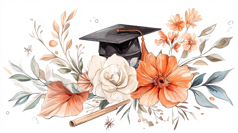高清大图下载【趣麦麦图】毕业帽与橙色花卉插画