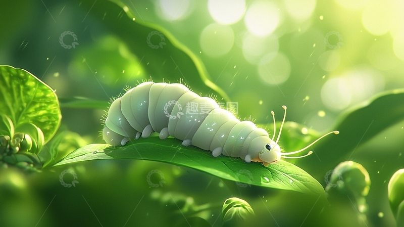 高清大图下载【趣麦麦图】绿色叶子上的白色毛毛虫