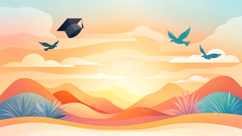 高清大图下载【趣麦麦图】毕业帽与飞鸟的沙漠日落