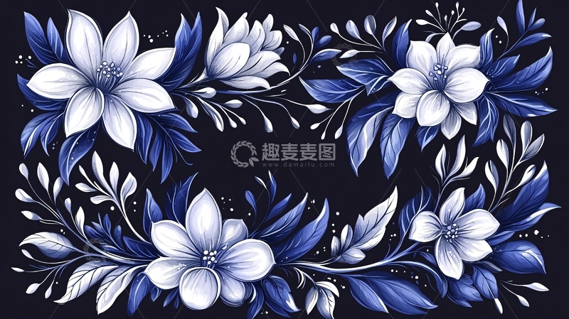 高清大图下载【趣麦麦图】蓝色花卉图案背景素材