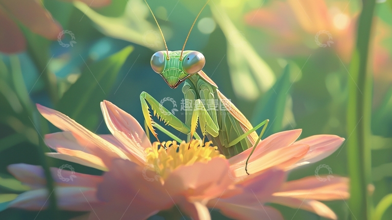高清大图下载【趣麦麦图】螳螂与花朵的和谐共生