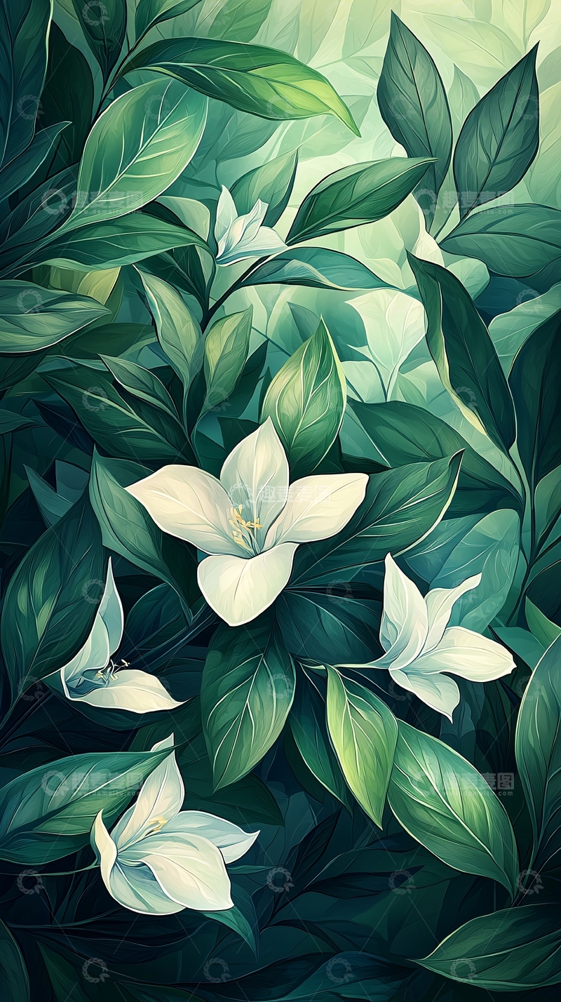 高清大图下载【趣麦麦图】绿色植物与白色花朵背景