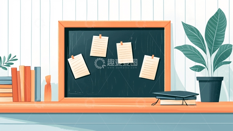高清大图下载【趣麦麦图】黑板上的便条纸和书籍