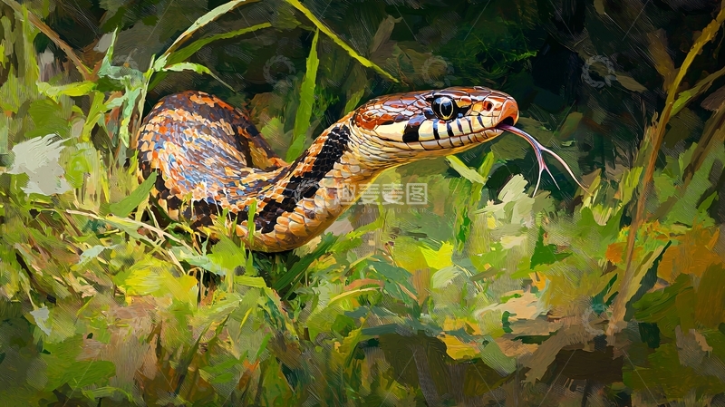 高清大图下载【趣麦麦图】色彩斑斓的蛇在绿色植物中
