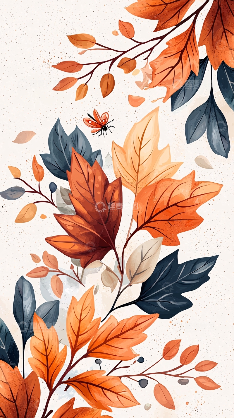 高清大图下载【趣麦麦图】秋日落叶与蝴蝶插画背景