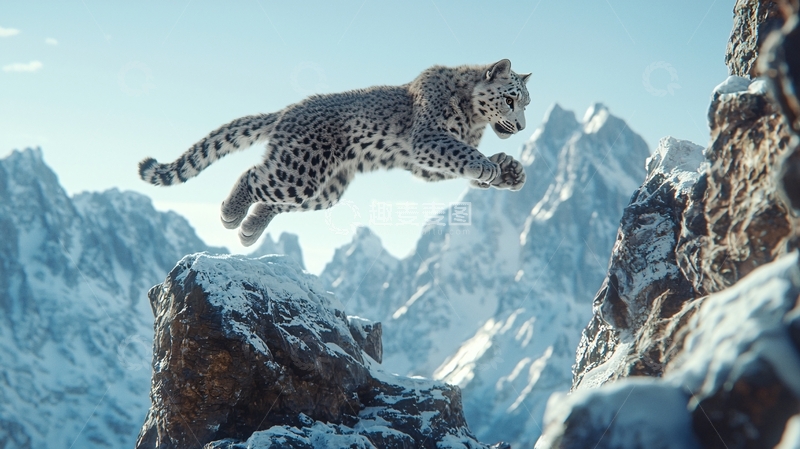 高清大图下载【趣麦麦图】雪豹飞跃雪山岩石