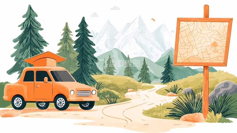 高清大图下载【趣麦麦图】山间旅行路线图与汽车
