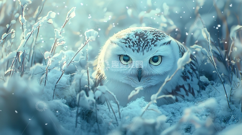 高清大图下载【趣麦麦图】雪地里的猫头鹰