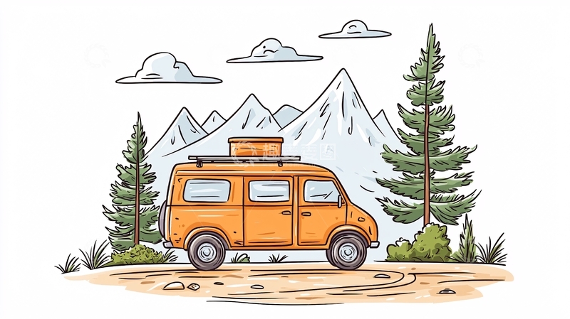 高清大图下载【趣麦麦图】山间露营车旅行插画