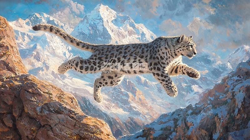 高清大图下载【趣麦麦图】雪山上的雪豹跳跃瞬间