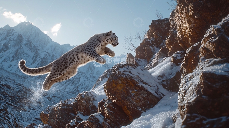 高清大图下载【趣麦麦图】雪豹飞跃雪山岩石