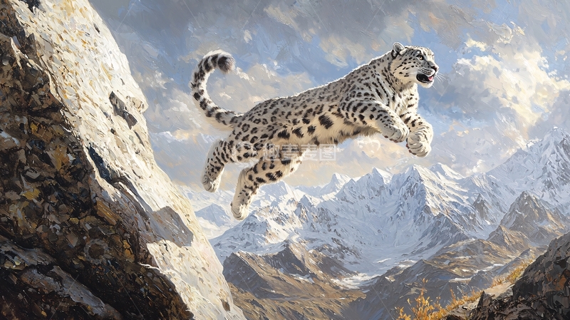 高清大图下载【趣麦麦图】雪豹飞跃雪山高峰