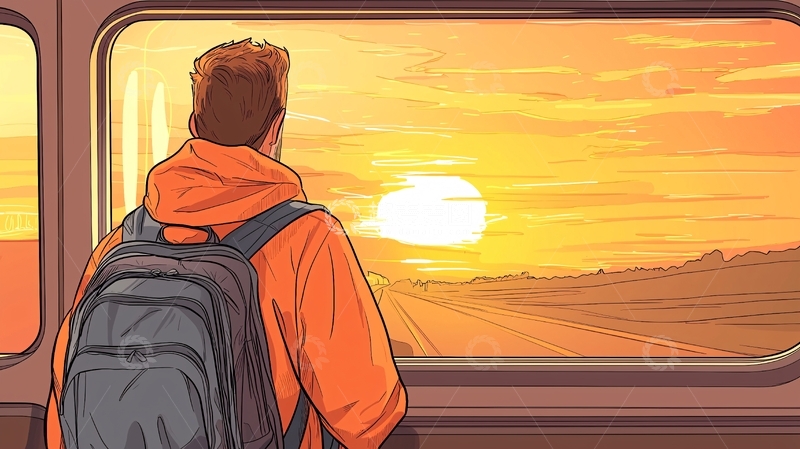高清大图下载【趣麦麦图】夕阳列车上的旅人