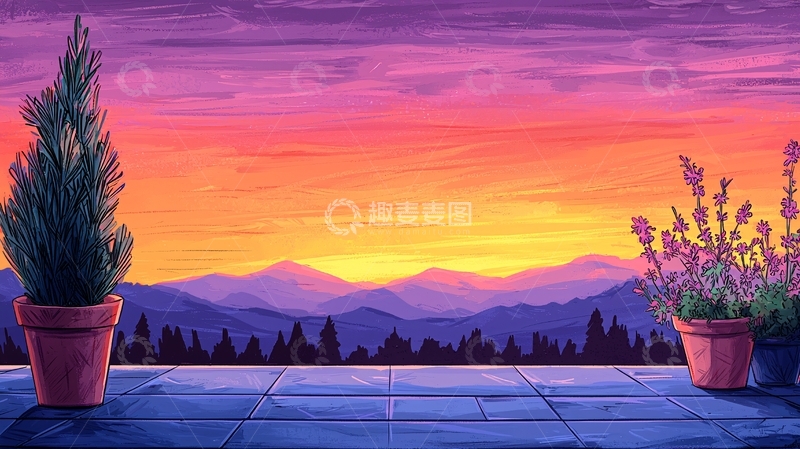 高清大图下载【趣麦麦图】日落山景阳台植物