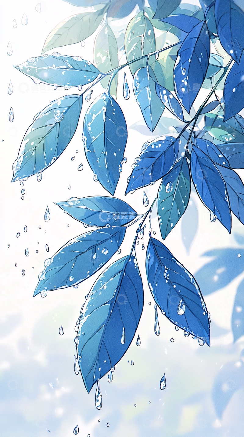 高清大图下载【趣麦麦图】雨后蓝色树叶插画背景