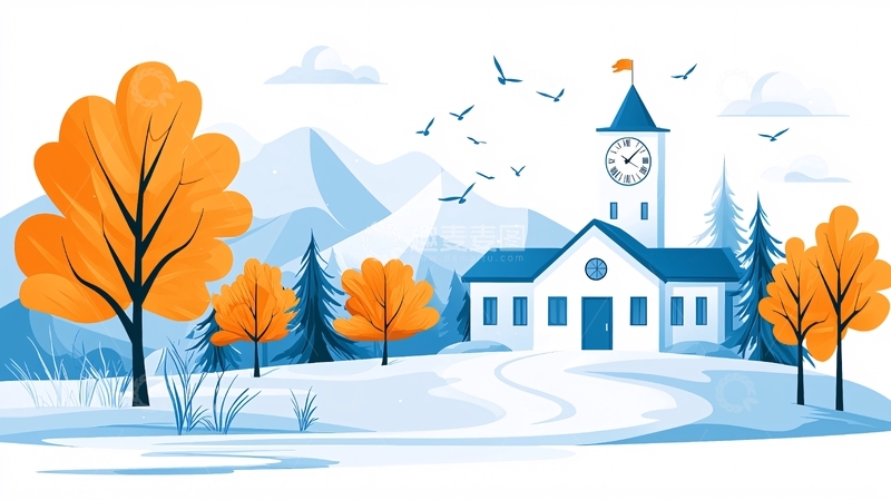 高清大图下载【趣麦麦图】冬日雪景中的学校与山峦