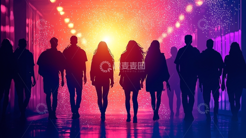 高清大图下载【趣麦麦图】夜晚街道上的行人剪影