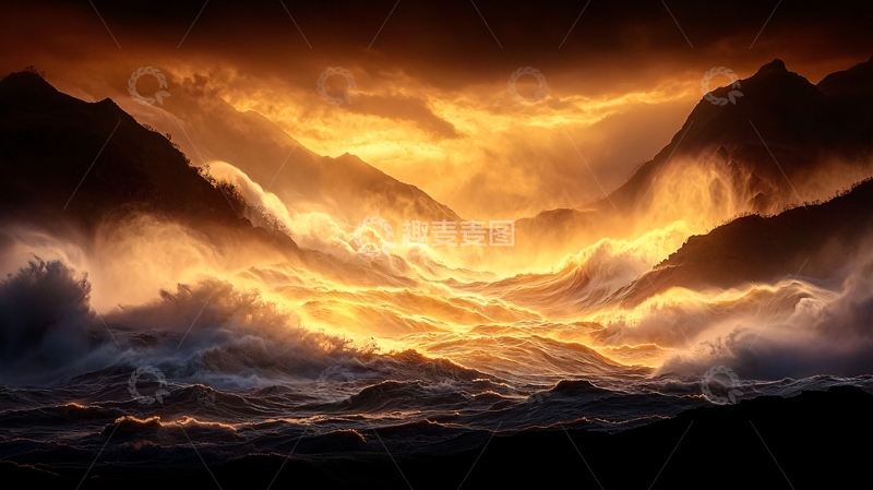 高清大图下载【趣麦麦图】日落海浪山景