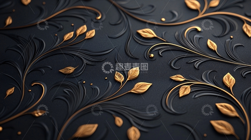 高清大图下载【趣麦麦图】金色花卉黑色背景装饰图案