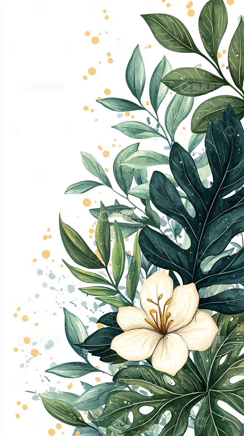 高清大图下载【趣麦麦图】热带花卉与绿叶装饰图案