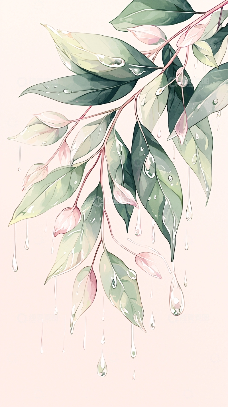 高清大图下载【趣麦麦图】雨后清新绿叶水滴插画
