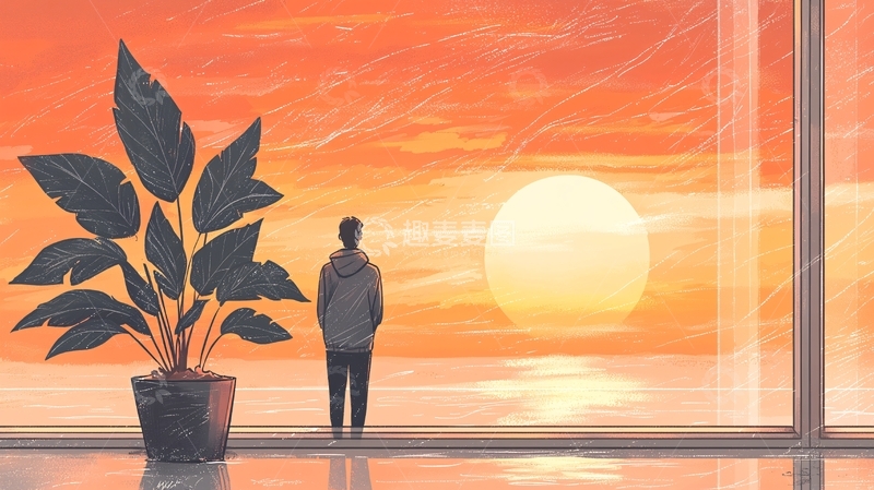 高清大图下载【趣麦麦图】夕阳下的室内植物与人影