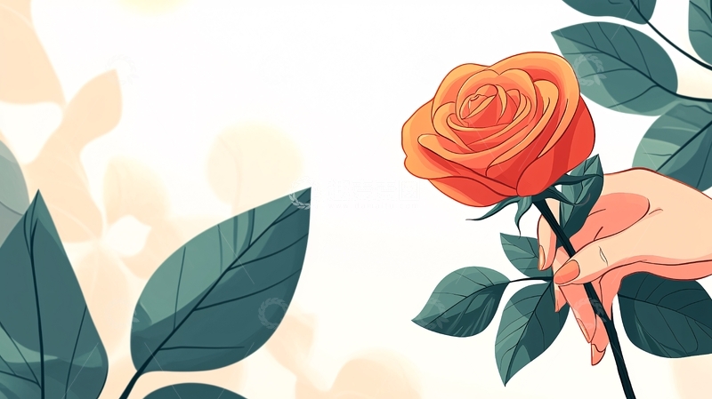 高清大图下载【趣麦麦图】手捧橙色玫瑰插画素材