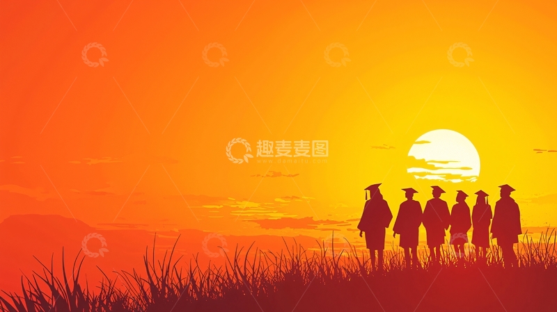 高清大图下载【趣麦麦图】毕业典礼剪影夕阳下