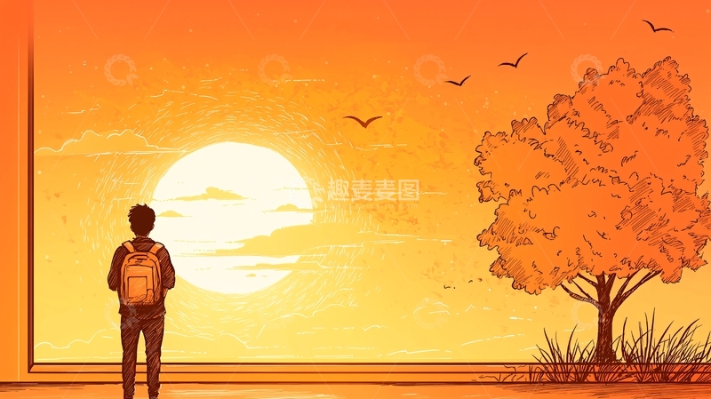 高清大图下载【趣麦麦图】秋日黄昏下的孤独旅人