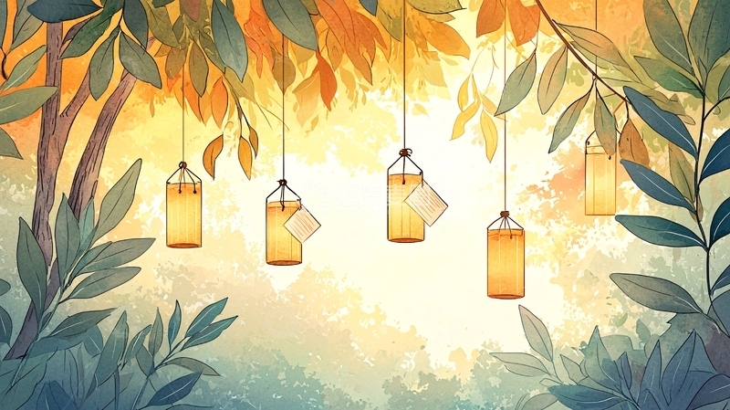 高清大图下载【趣麦麦图】秋日森林中的灯笼挂饰