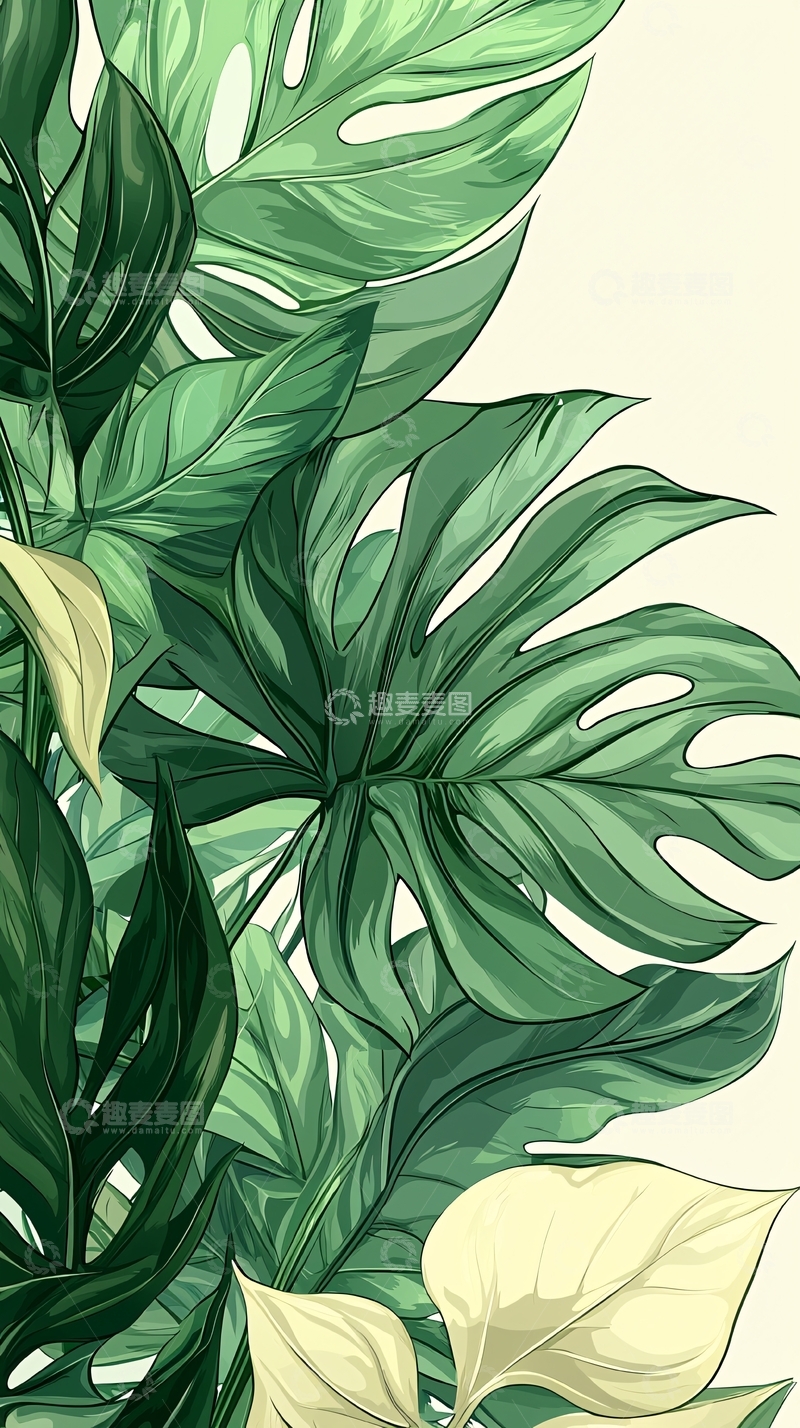 高清大图下载【趣麦麦图】热带植物叶子插画背景