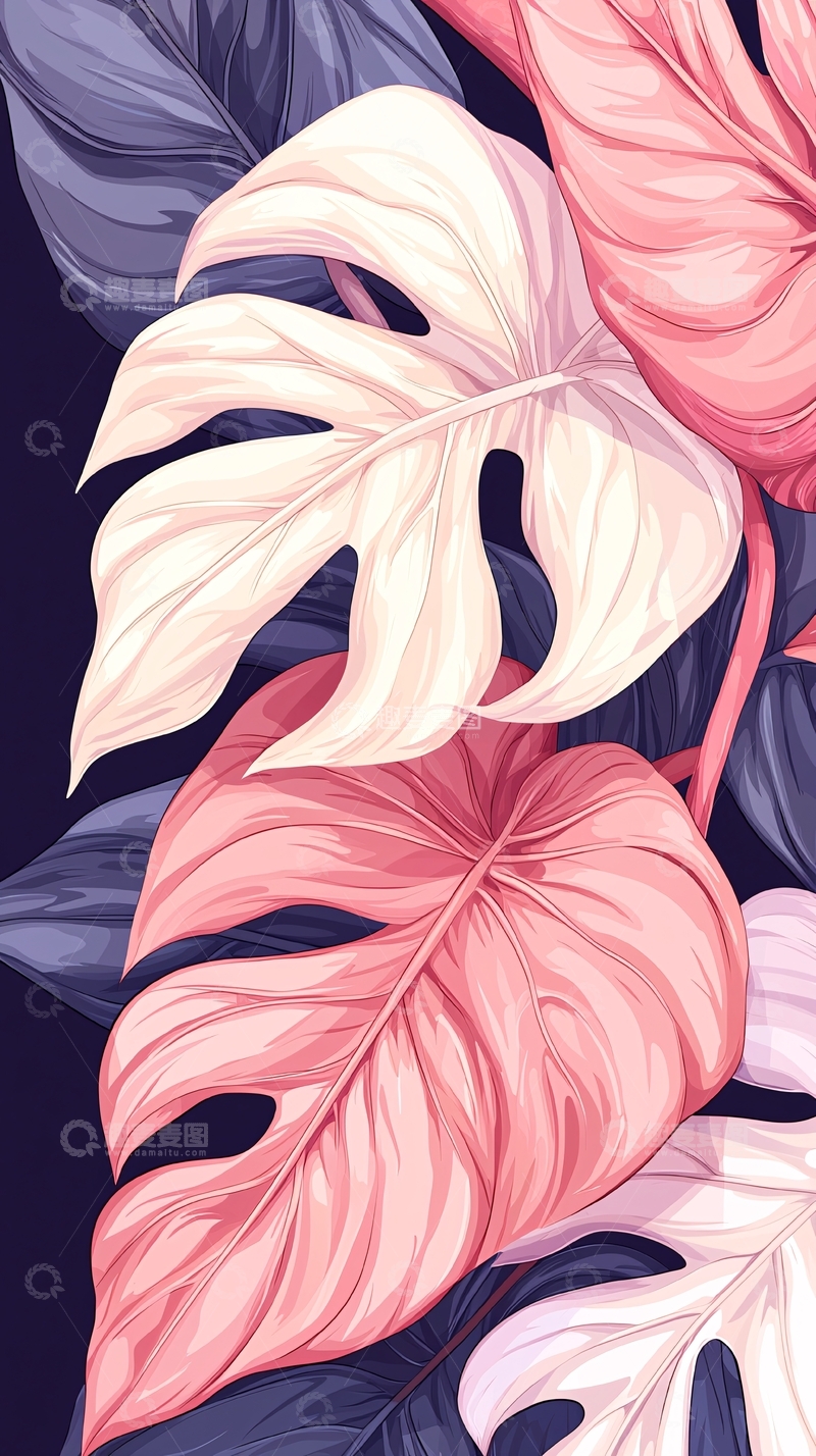 高清大图下载【趣麦麦图】热带植物叶子插画背景图
