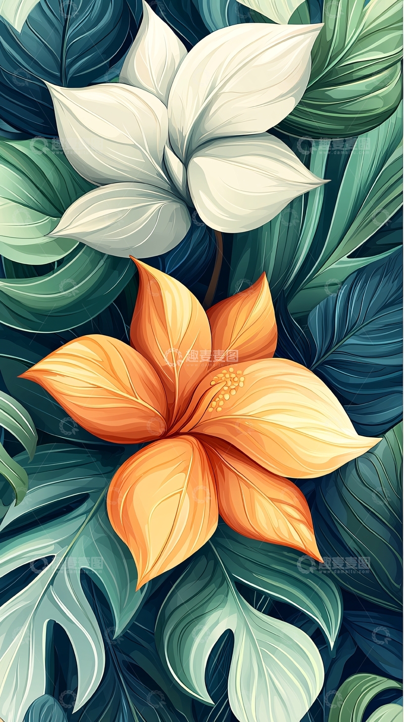 高清大图下载【趣麦麦图】热带花卉与绿叶背景