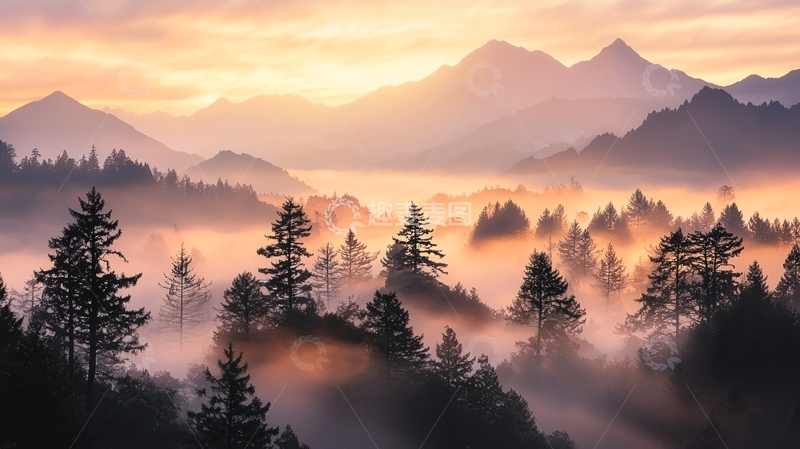 高清大图下载【趣麦麦图】晨雾中的山林风景