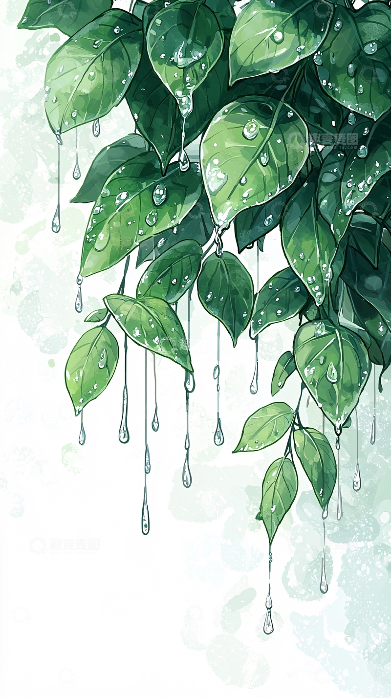 高清大图下载【趣麦麦图】雨后绿叶挂水珠插画